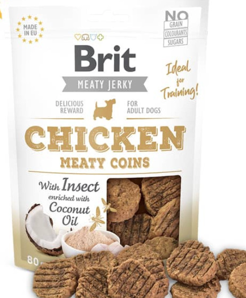 BRIT MEATY JERKY CHICKEN COINS WITH INSECTS ADULT DOGS 80gr