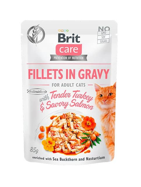 BRIT CARE CAT FILLETS IN GRAVY WITH TENDER TURKEY & SAVORY SALMON POUCH 85gr