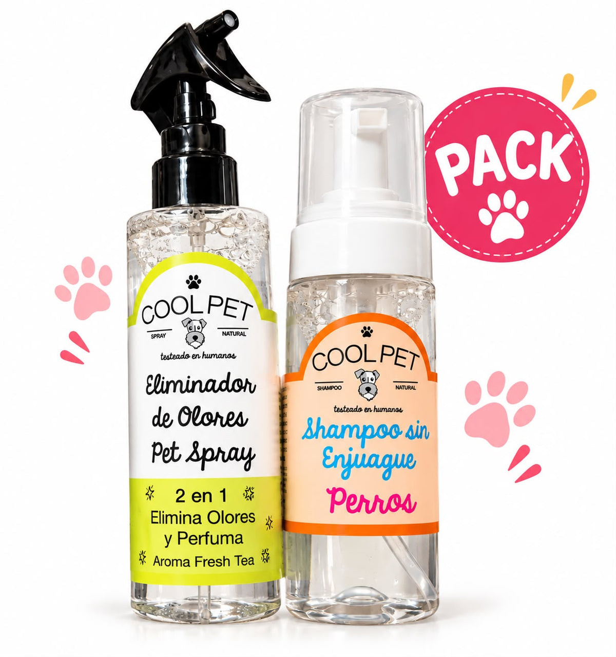 PACK COOLPET SHAMPOO SIN ENJUAGUE + ELIMINADOR DE OLORES FRESH TEA PARA PERROS