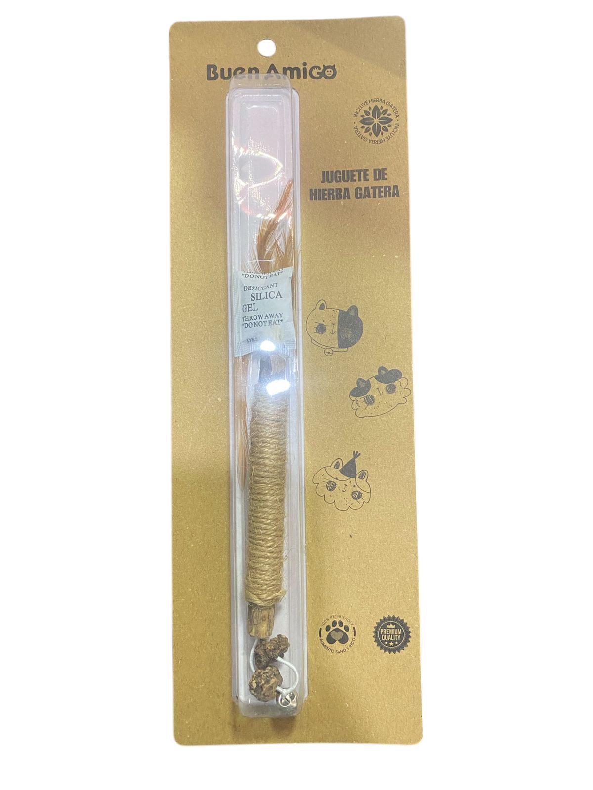 Juguete de hierba gatera compacta con yute y plumas